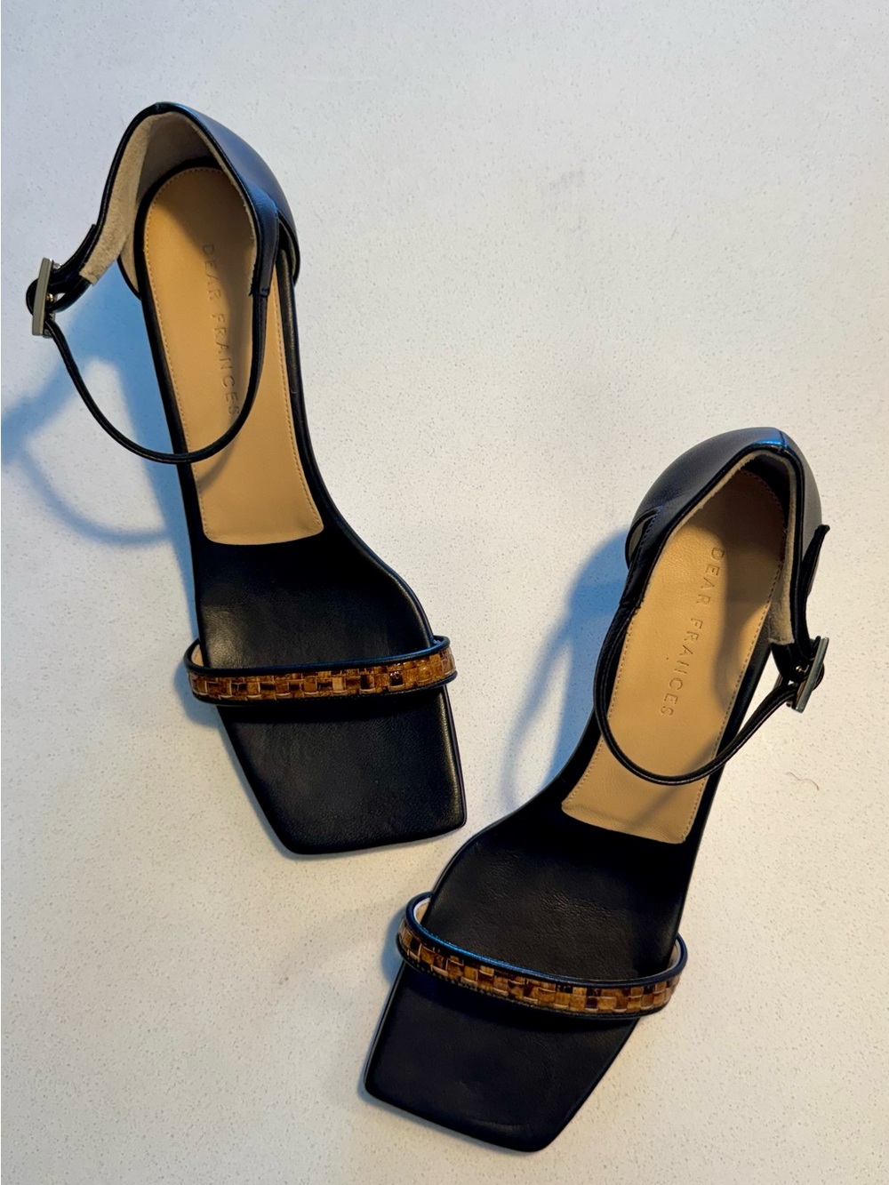 Dear Frances Black Ankle-Strap Heels with Brown Woven Front